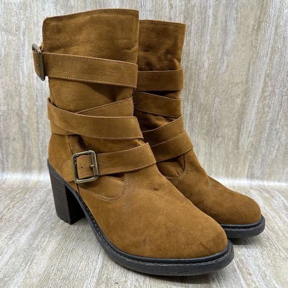 American Eagle Boots Womens 8.5 Suede Leather Moto Harness Slouch Biker Mid Calf - Picture 2 of 10